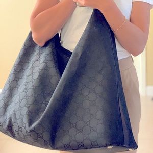 Black GG Nylon Extra-Large Travel Hobo Bag